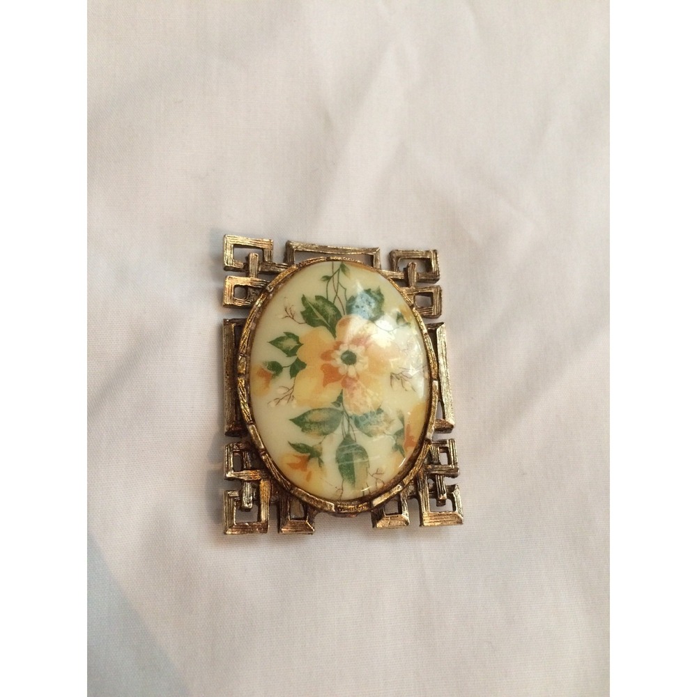 Vintage celluloid yellow floral brooch art deco gold frame Yellowed Patina